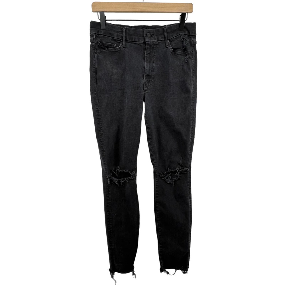 Mother Jeans Size 31 The Looker Ankle Fray Gold Bolt Black Distressed Skinny